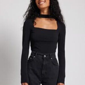 ZARA Black Longsleeve Square Neck Cuout Choker Knit Minimalist Top S
